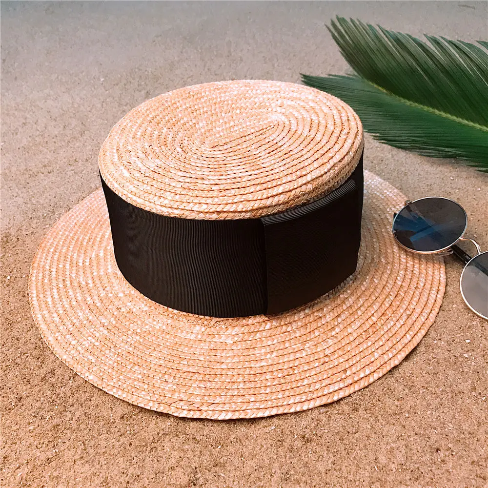 

Wheat Straw Summer Women Flat Boater Hat Summer Beach Sun Hat For Elegant Lady Round Flat Top Panama Hat Size 56-58CM