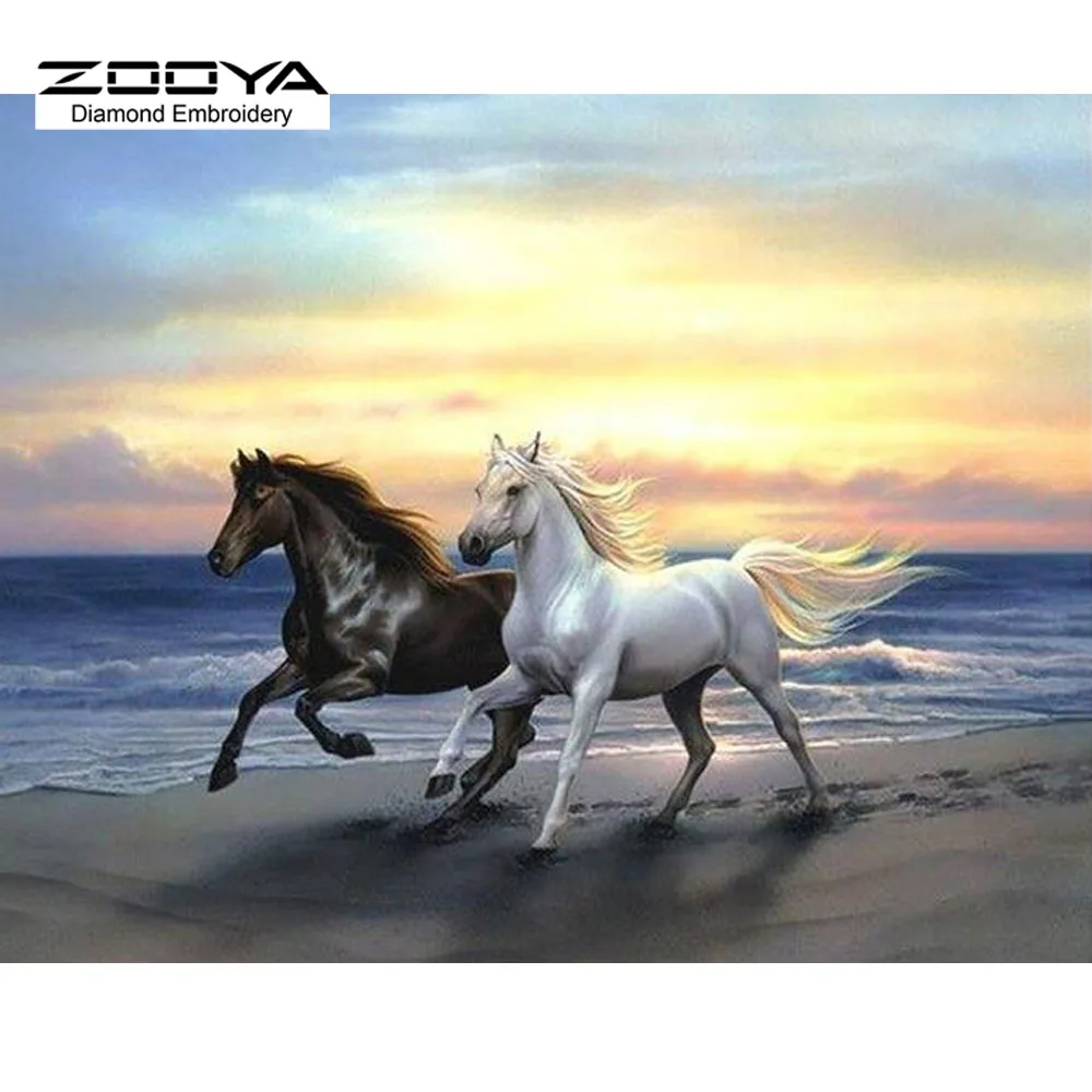 

NEW 3D Diamond Painting Cross Stitch Two Horses Beach Run Crystal Needlework Diamond Embroidery Full Diamond Decorative BJ531