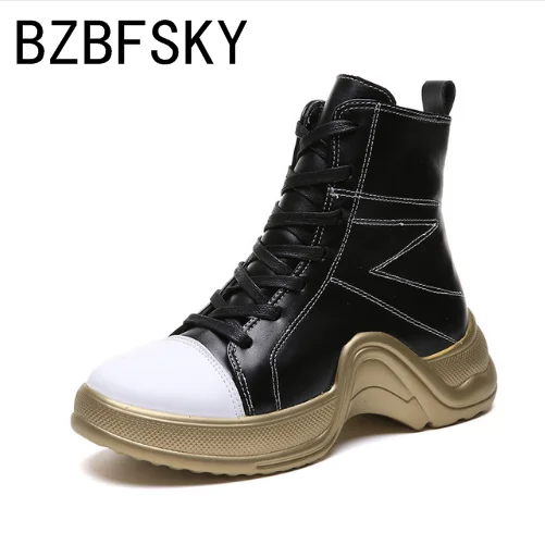 

BZBFSKY Autumn New High Top Sneakers Women Lace Up Fashion Ankle Boots PU Leather Street Casual Shoes Ladies Calzado Mujer