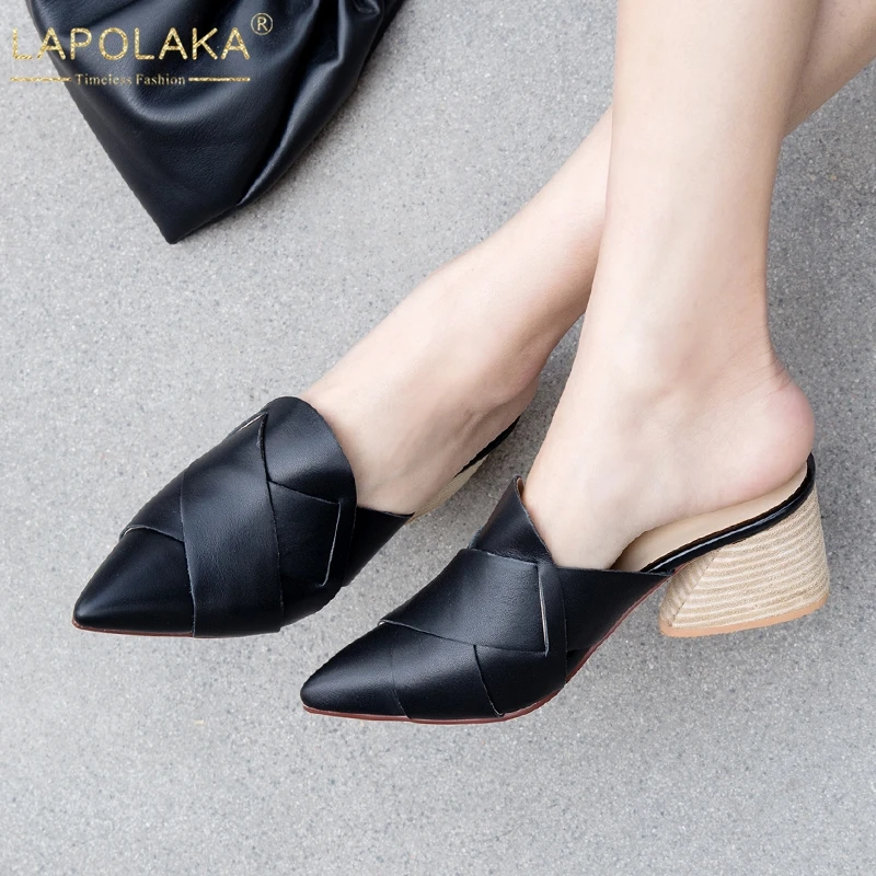 

LAPOLAKA Brand New Fashion Solid Mules Women Summer Cow Leather Pointed Toe High Heels Slippers Women Shoes Woman