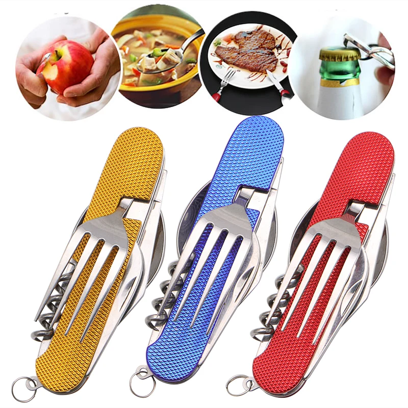 

3 in 1 Folding Tableware Stainless Steel Spoon Fork Knife Multifunction Tool for Outdoor Camping Picnic