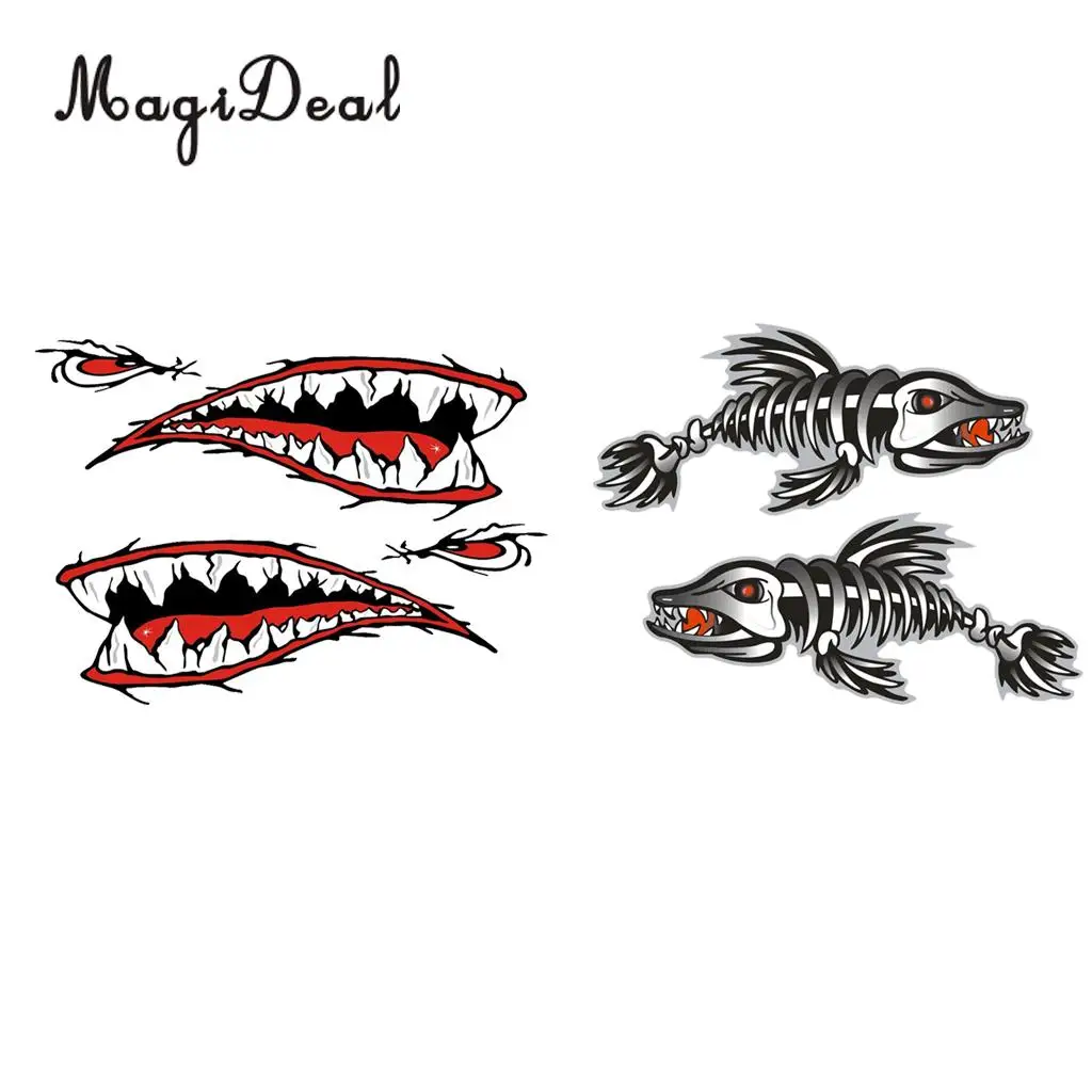 MagiDeal 4Pcs Large Fish Skeleton Shark Mouth Decal Kayak Fishing Boat Car Truck Motorcycle Graphics Funny Stickers