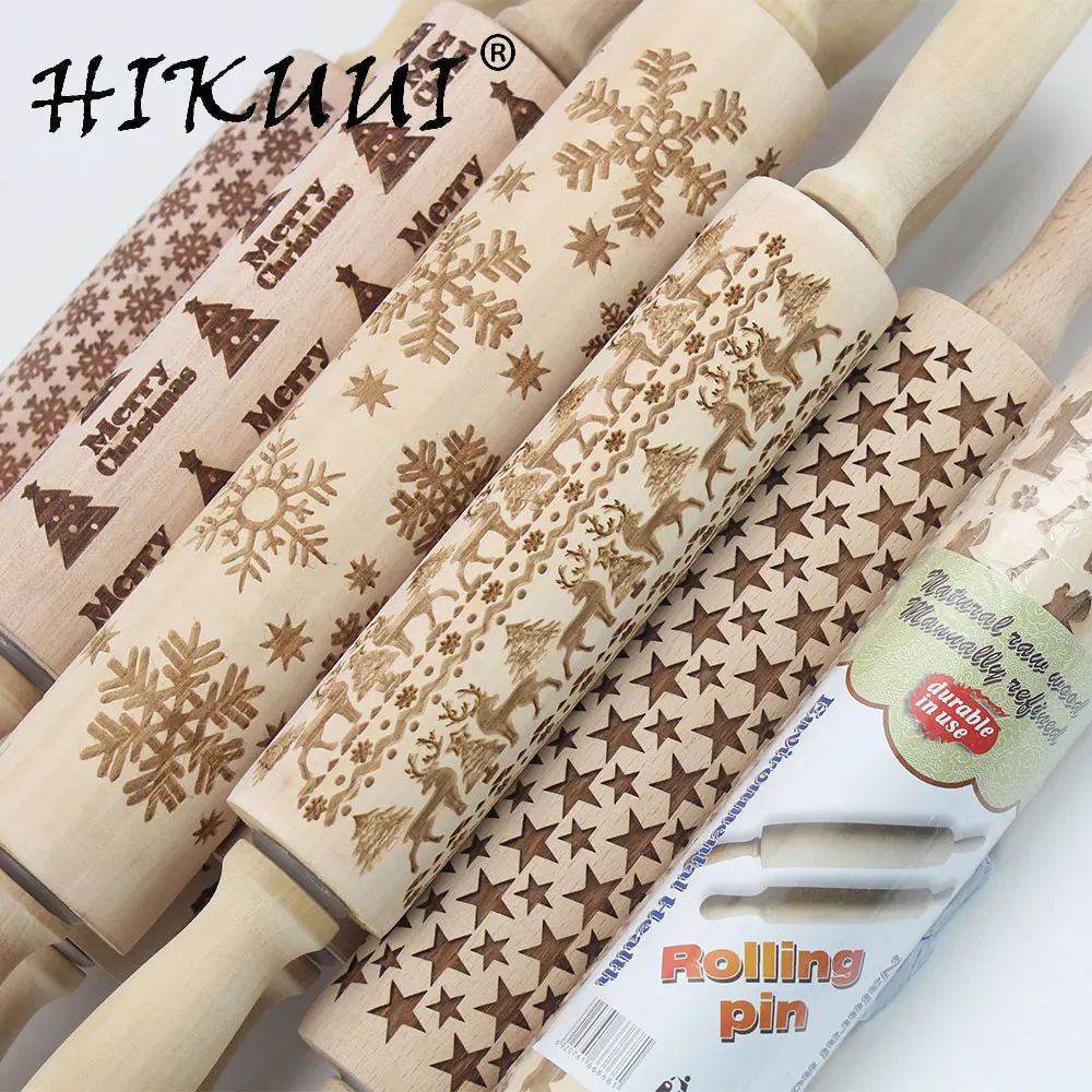 

43cm/35cm Christmas Embossing Rolling Pin Elk Baking Cookies Biscuit Fondant Cake Dough Engraved Roller Reindeer Snowflake Roll