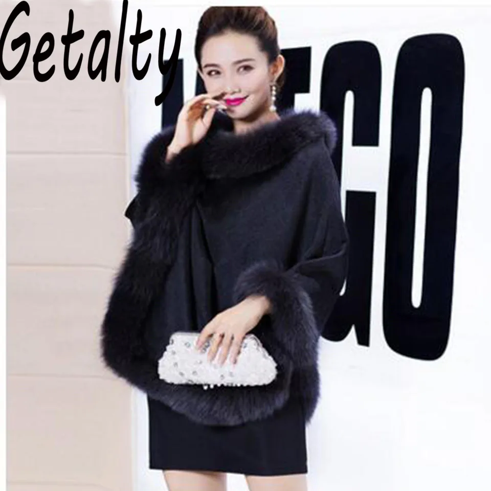 

2018 Women Fur Collar Cape Coat Poncho Real Fox Fur Wool Outwear Stole Shawl Cashmere Shawl Fashion Kids Caps