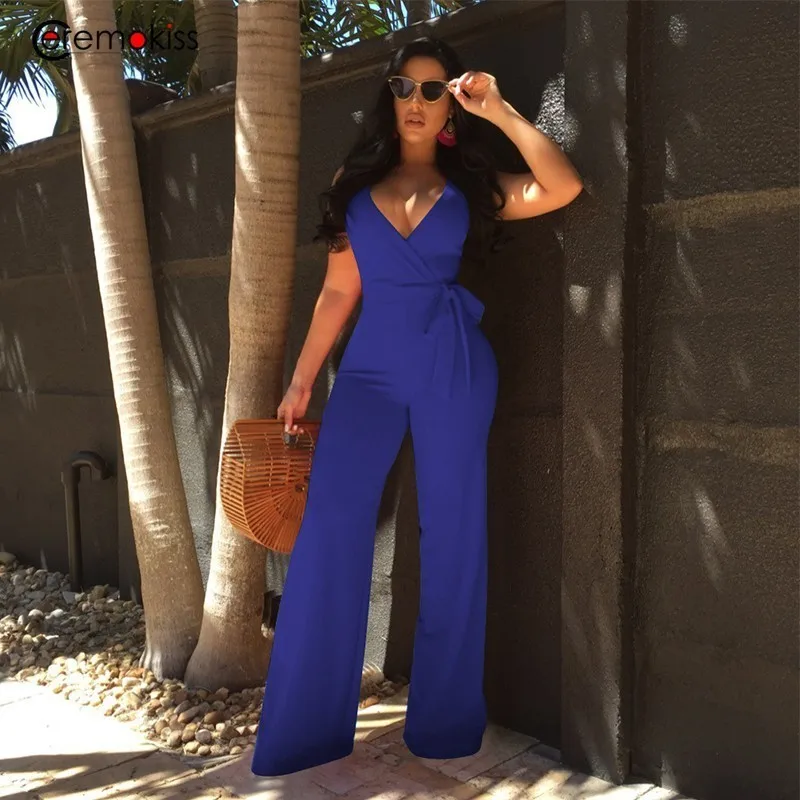 

Ceremokiss Women Jumpsuit Sexy Spaghetti Summer Wide Legs Sleeveless Strap V-Neck Female Bodycon Jumpsuit 2019 Trouser Overalls