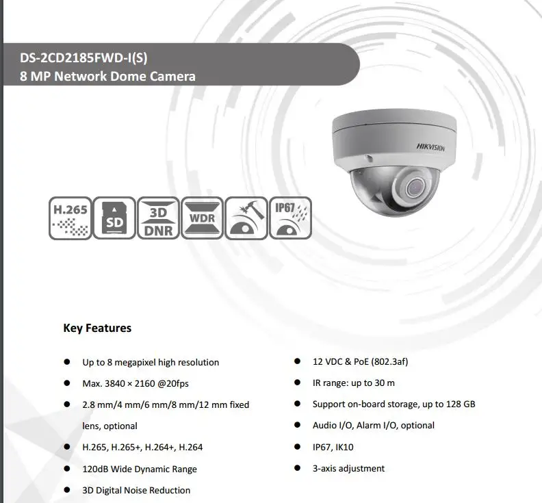 Зарубежная DS-2CD2185FWD-I 8 Мп H.265 poe 30 м ИК Сетевая купольная ip-камера wdr sd-карта камера безопасности