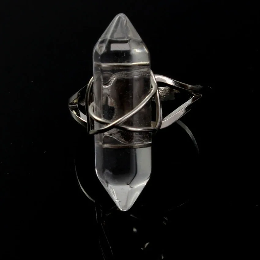 

xinshangmie Silver plated Wire wrapped Adjustable Ring Hexagon Column Rock Crystal Charm Jewelry