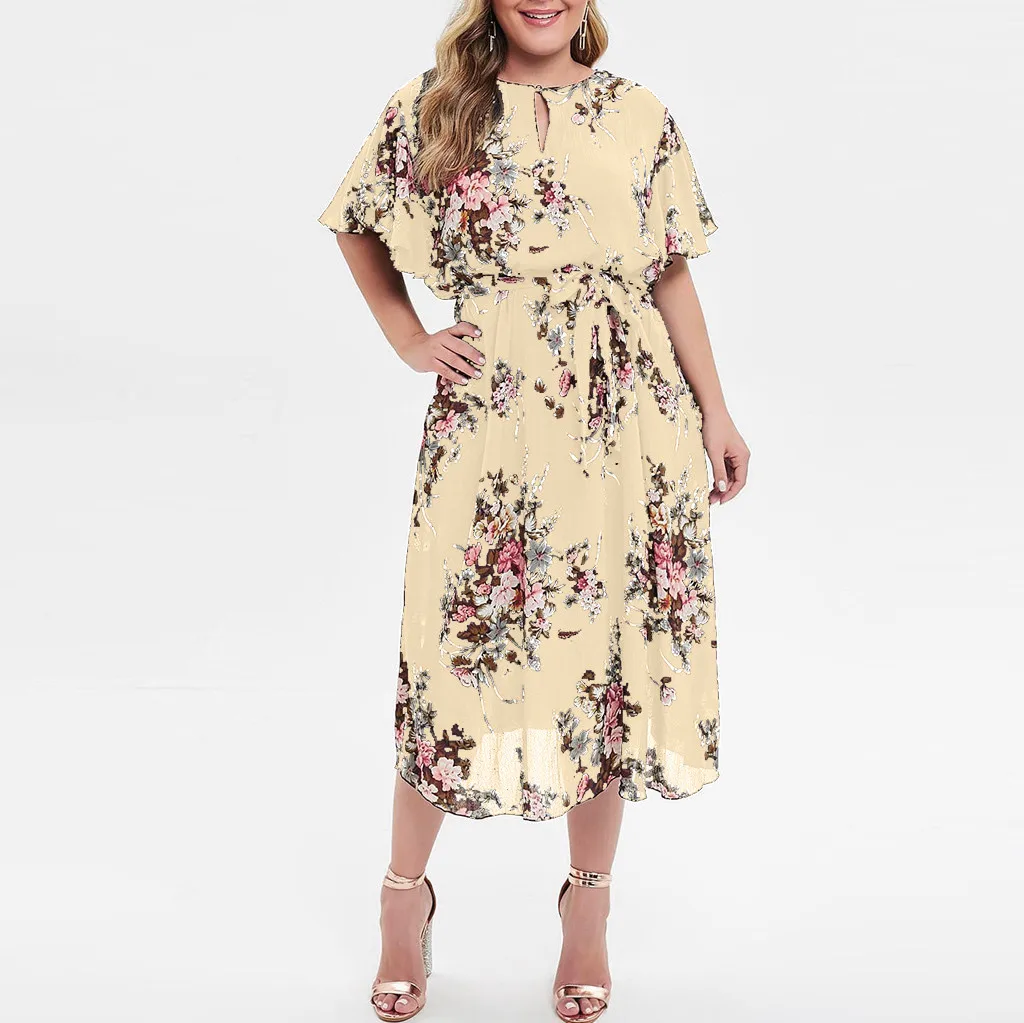 

Bohemian floral print women dress Drawstring high waist ladies plus size dresses Choker v-neck summer dress DouDouLu Vestidos
