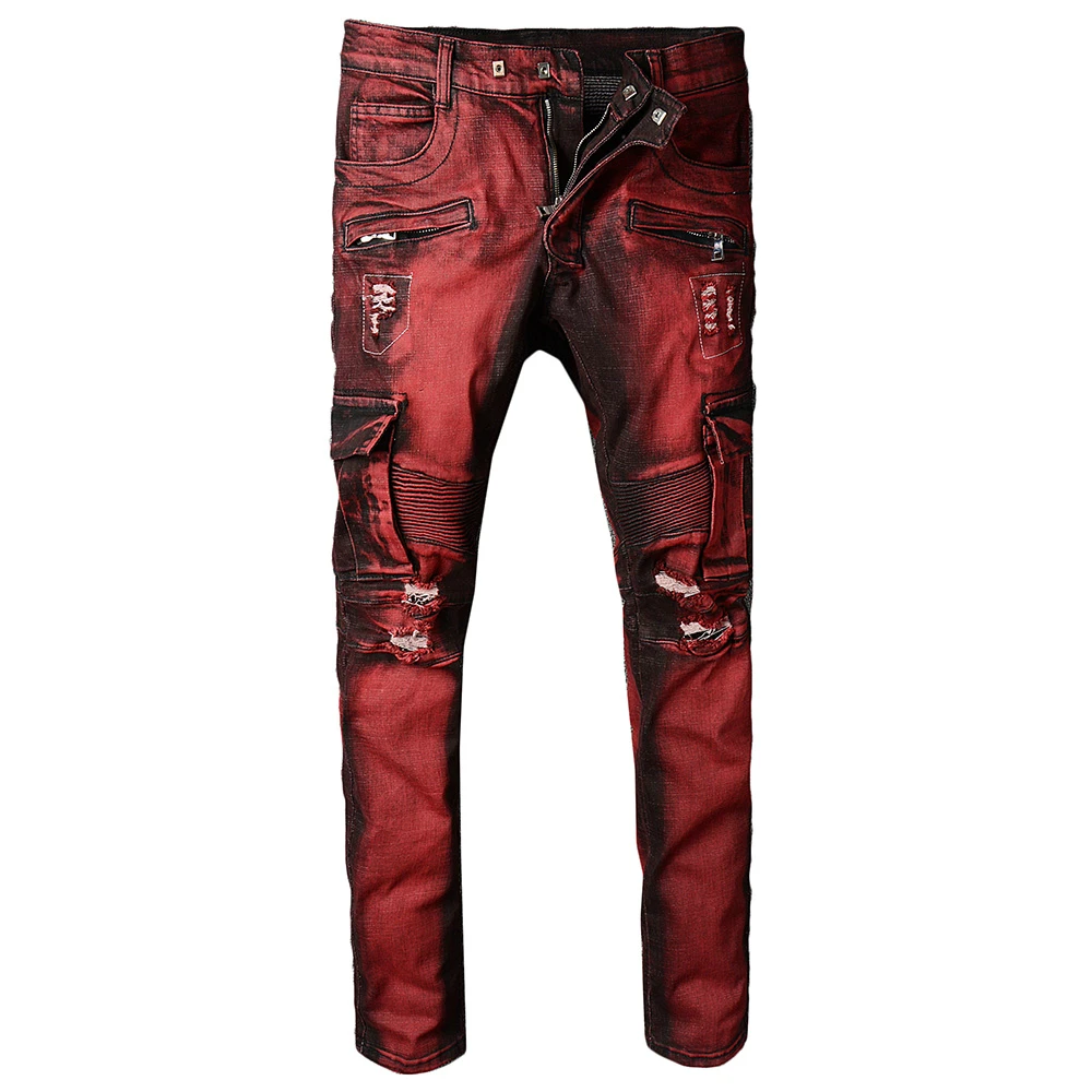 Fashion Design Men Classic Jeans Straight Full Length Casual Red Pocket ...