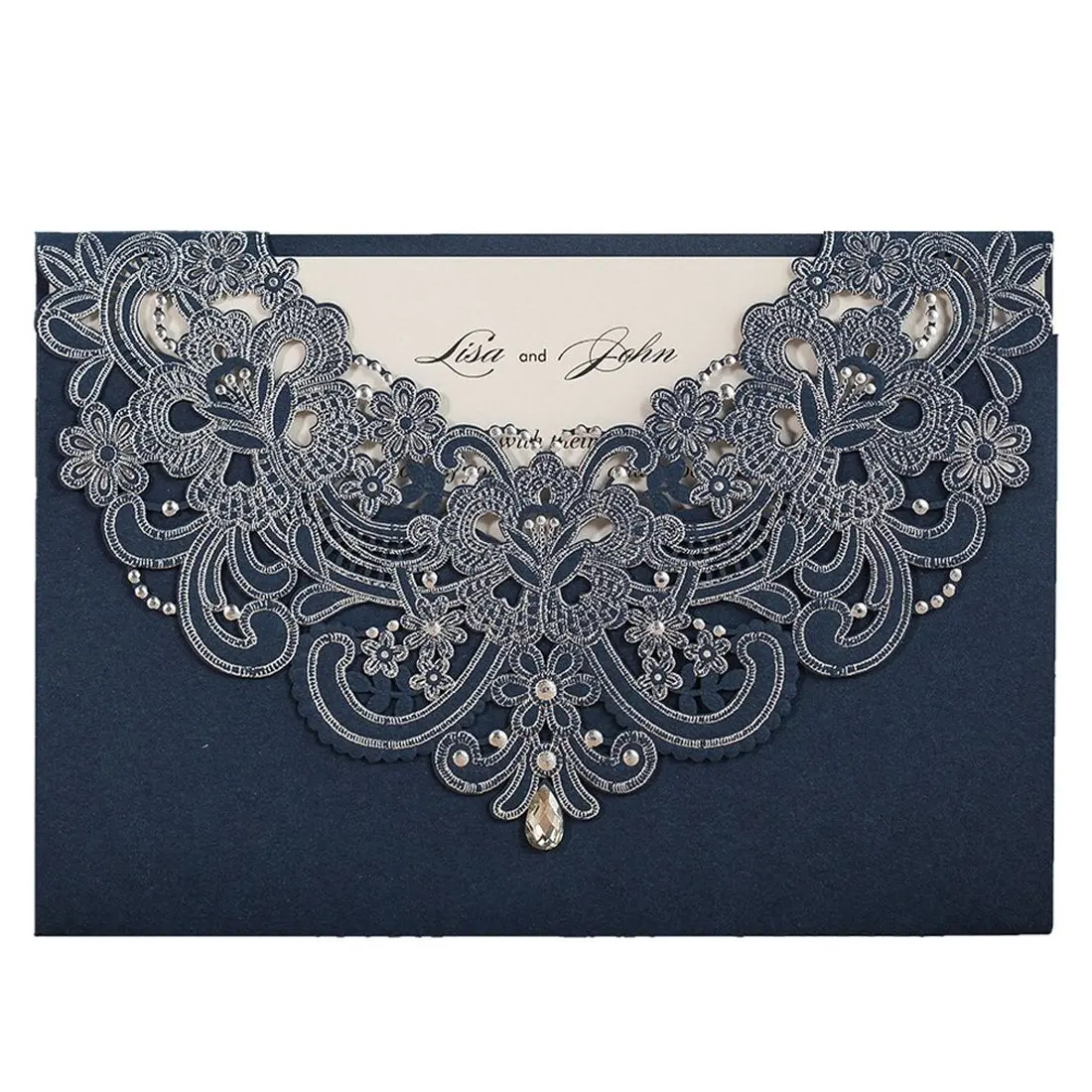 

1Pcs Navy Blue Laser Cut Wedding Invitations, Rhinestone Design Personalized Invites for Dinner Graduation Party with Envelopes
