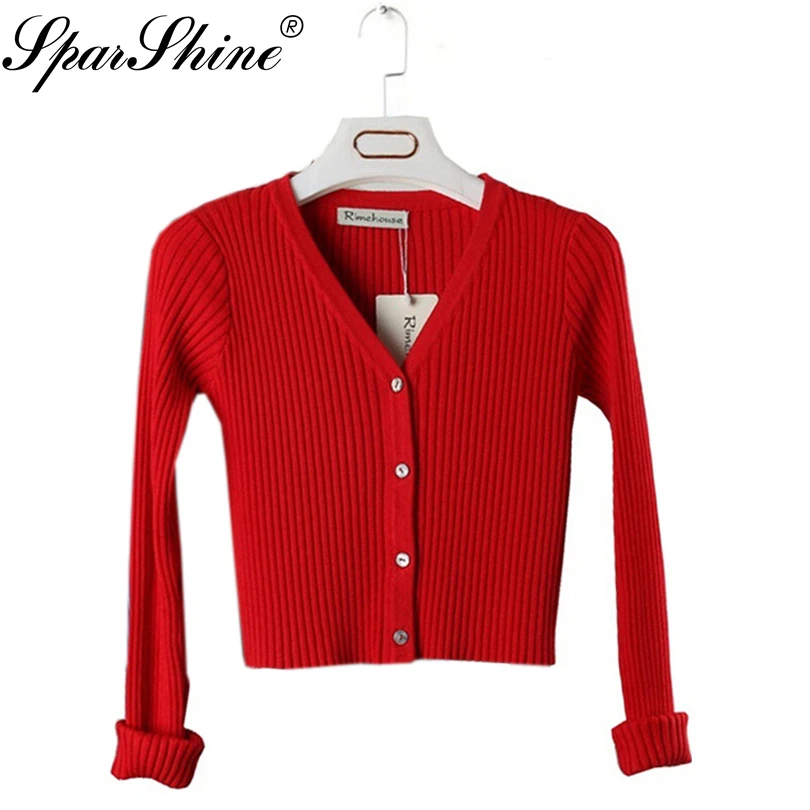 

2016 Autumn Women elegant Knitted short Sweaters Cardigans V-Neck casual stretch fit long Sleeve Brand female tops