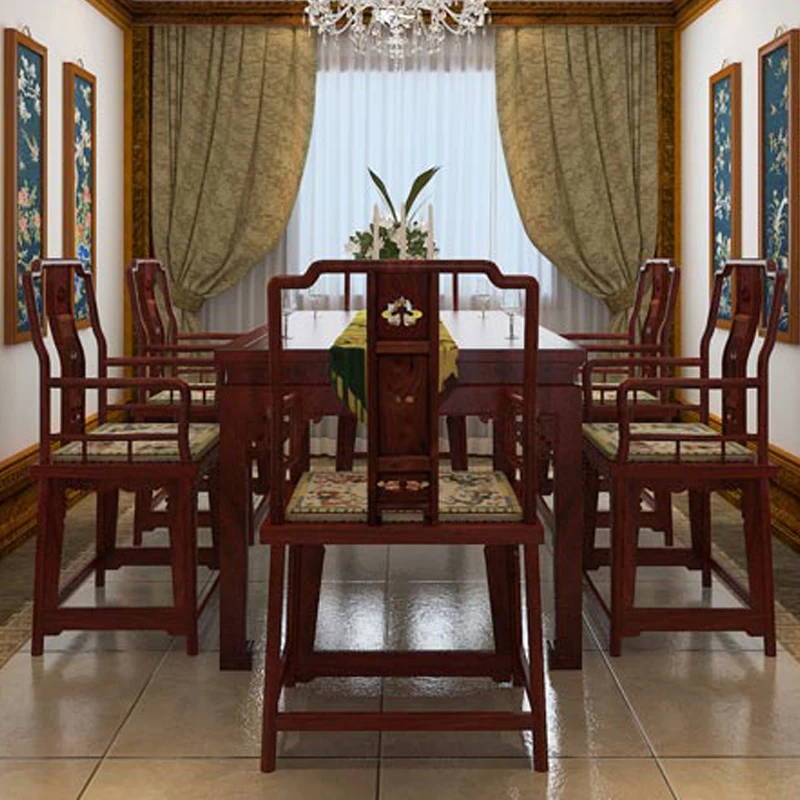 Home Furniture Dining Table Set 1+6 Rosewood 2m Long Book Desk Solid Wood ArmChair Annatto Backed Chair Classical Wooden Fitment Home Furniture Dining Table Set 1+6 Rosewood 2m Long Book Desk Solid Wood ArmChair Annatto Backed Chair Classical Wooden Fitment