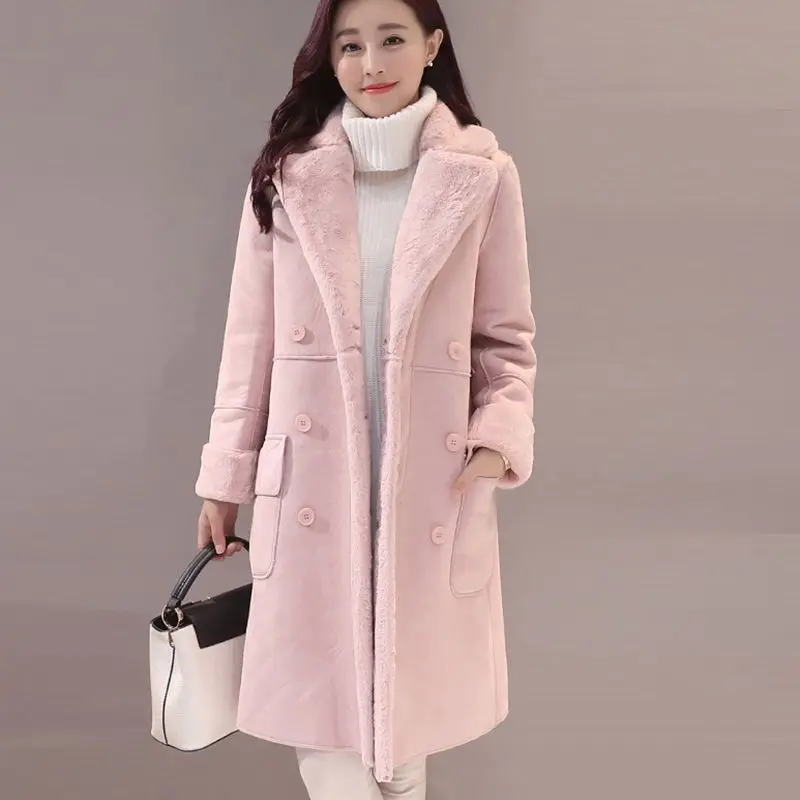 Полная распродажа Новое зимнее пальто зимняя куртка женская длинная двубортная оленья овечья шерсть пальто ветровка QH0617 - Цвет: Розовый
