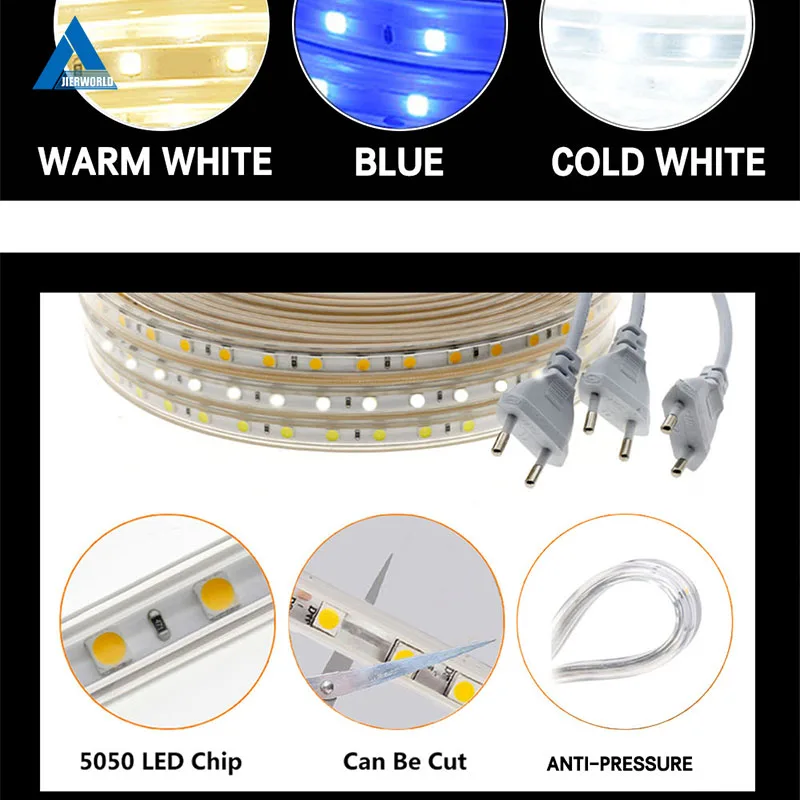 Светодиодные ленты гибкий светильник SMD5050 AC 220V со штепсельной вилкой европейского стандарта Водонепроницаемый IP67 для приготовления пищи на воздухе Применение 1 м и формирующая листы для кровли 4 м 5 м 8 9, 10 м, 15 м, 20 м