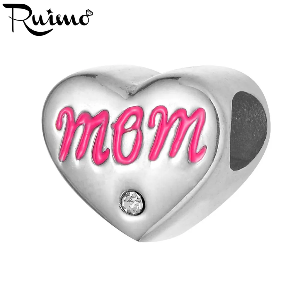 RUIMO распродажа 316L нержавеющая сталь полированные сердца бусины розовые мама