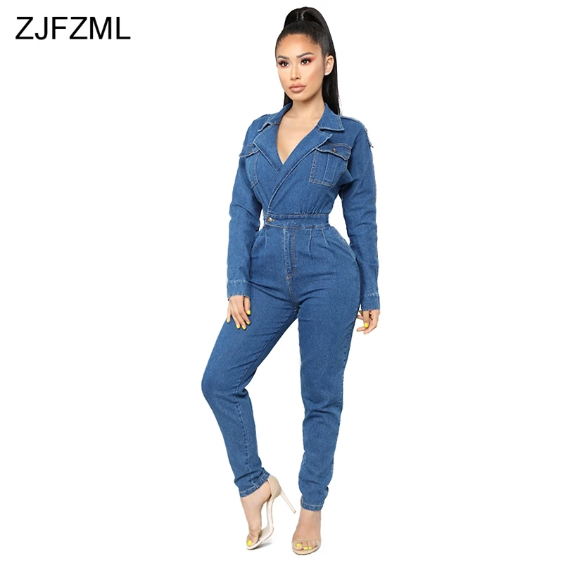 Turn-Down Collar Sexy Denim Jumpsuit 2018 Women Blue Deep V Neck Long Sleeve One Piece Overall Vintage Ladies Pockets Bodysuits 