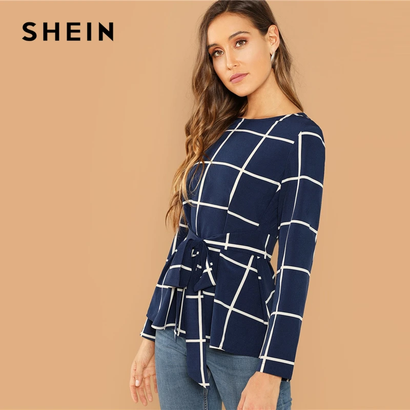 SHEIN Weekend Casual Modern Lady Navy Self Belted Grid Round Neck Long Sleeve Plaid Pullovers Top Women Autumn Plain Blouse