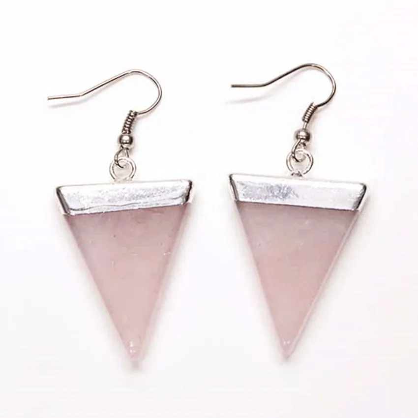 

Kraft-beads Simple Style Silver Plated Natural Rose Pink Quartz Triangle Shape Earrings For Women Party Jewelry