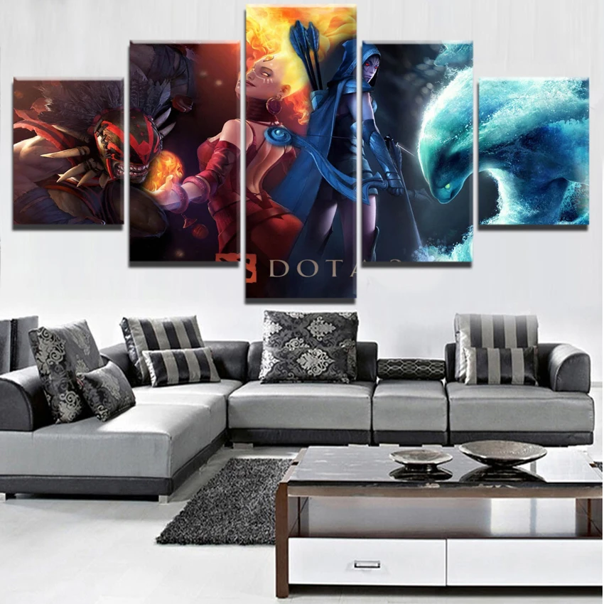5 Pieces DotA 2 Fire And Water Warrior Wall Art Game Modular Picture Home Decoration Living Room On