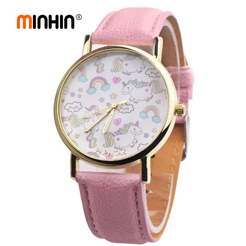 

MINHIN 2019 New Design Animal Dial Watches For Women Cute Unicorn Rainbow Casual Student Leather Watch Quartz Wristwatches