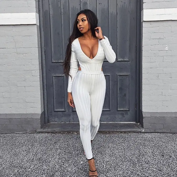 

ERDAOBEN Party Vestidos Elegant Long Sleeve Backless White Jumpsuits Sexy Lady Deep V Neck Long Skinny Bandage Jumpsuit H5685