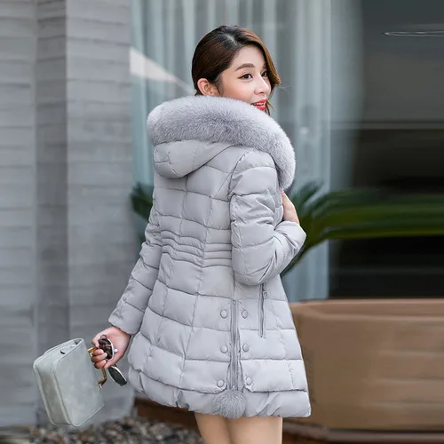 AYUNSUE, Женская Длинная зимняя куртка, корейское длинное толстое пальто, женские розовые куртки, большой меховой воротник, парка, Campera Mujer KJ421 - Цвет: Gray
