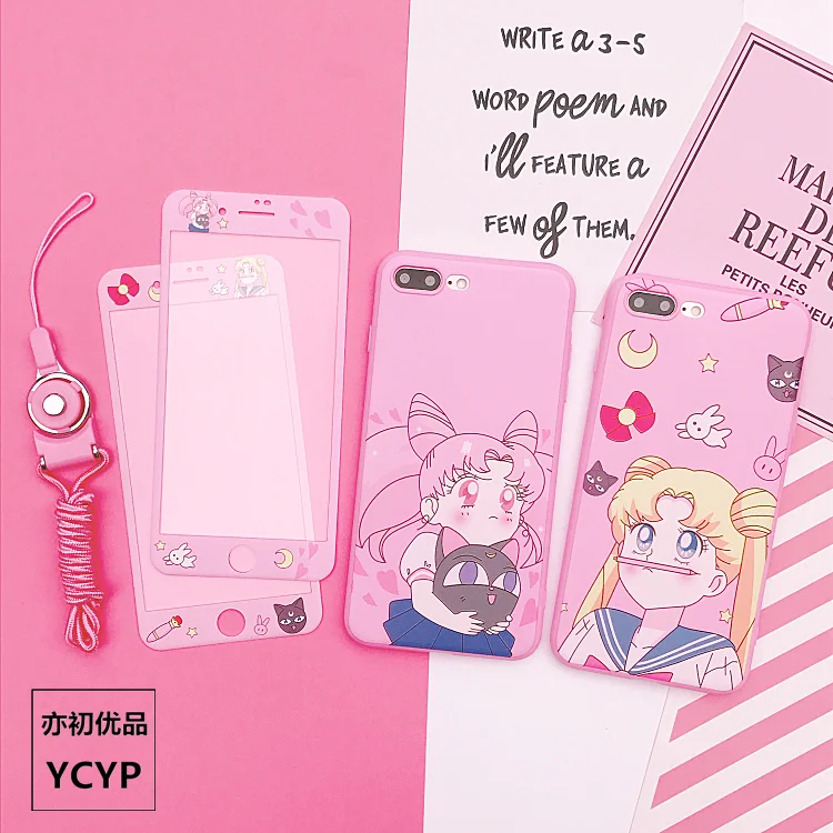 For iPhone 7/8 plus Sailor Moon case & tempered glass film for iphone 6 6s plus soft silicone cover for iP X cute girl + strap