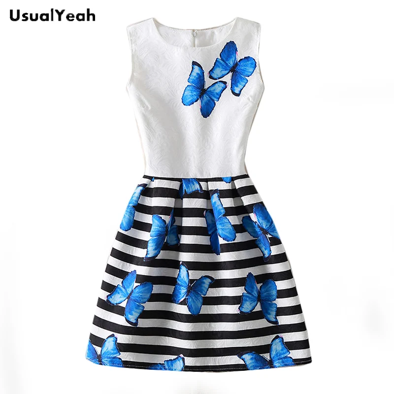 

USUALYEAH Summer Dress Women Butterfly Sleeveless Casual Dresses Vestido Ladies Vintage Print Jacquard Tank Dress