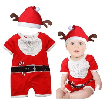

2020 New Year Baby Rompers Christmas Costume Kids Newborn Clothes Short Sleeve Autumn Children Infantil Clothing Sets Top+Hat