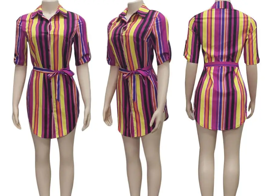 Women Casual Blouse Color Strips half Sleeve Work Shirts Ladies Slim Elegant Tops Striped tshirt with waist belt