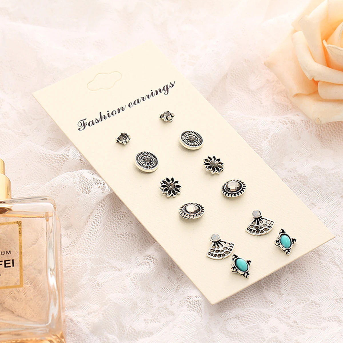 6pairs/ set Vintage Crystal Heart Earrings For Women Stone Beads Ear Cuff Piercing Ears Clips Steampunk Love Party Earring Sets