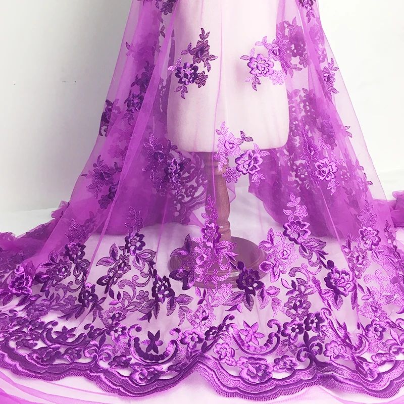 

145cm Width Pink Purple Green Flower Embroidered Lace Sewing Fabric African Wedding Women's Dress Mesh Net Lace Tulle Trim Craft