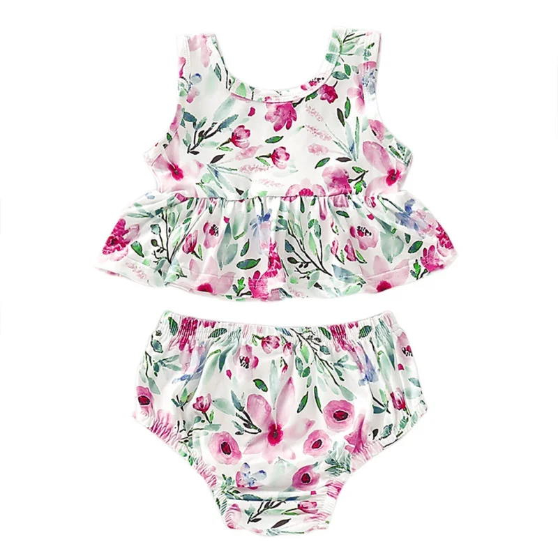 2Pcs/Set Summer Baby Girl Casual Sleeveless Tops Floral Print T-shirt+Briefs PP Shorts Outfits Set