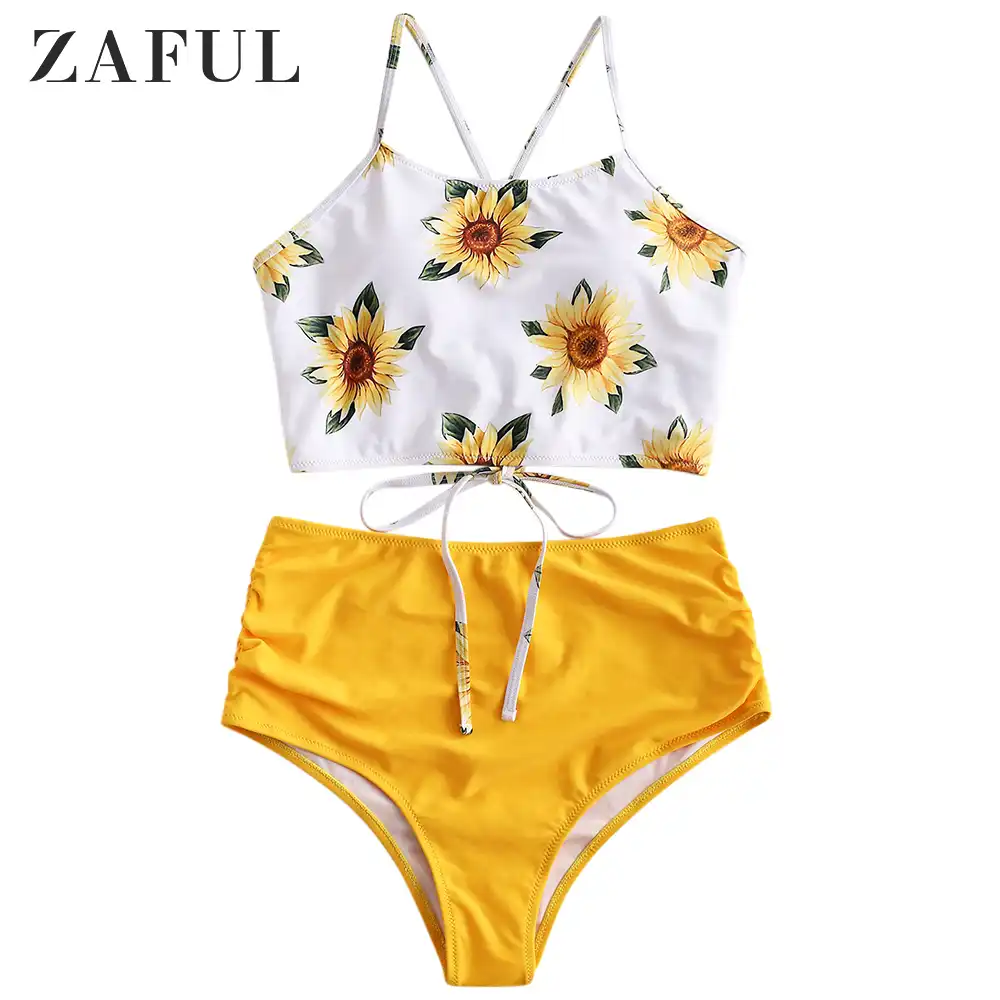 ZAFUL Womens Spaghetti Straps Sunflower Lace-up High Waisted Tankini Set