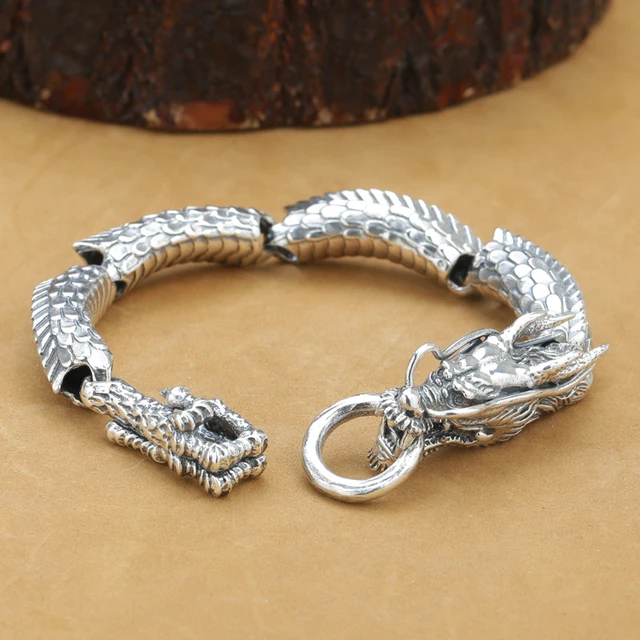 Handcrafted Thai 925 Silver Dragon Bracelet Vintage Pure Silver Dragon