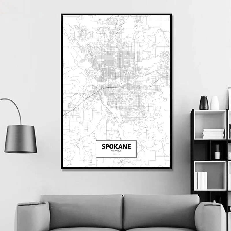 Spokane Washington США Черный Белый пользовательский карта городов мира плакат холст