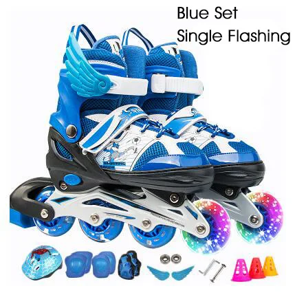 Детская роликовая обувь для катания на роликах, регулируемый размер, мигающие колеса для детей - Цвет: Single-Set-Blue