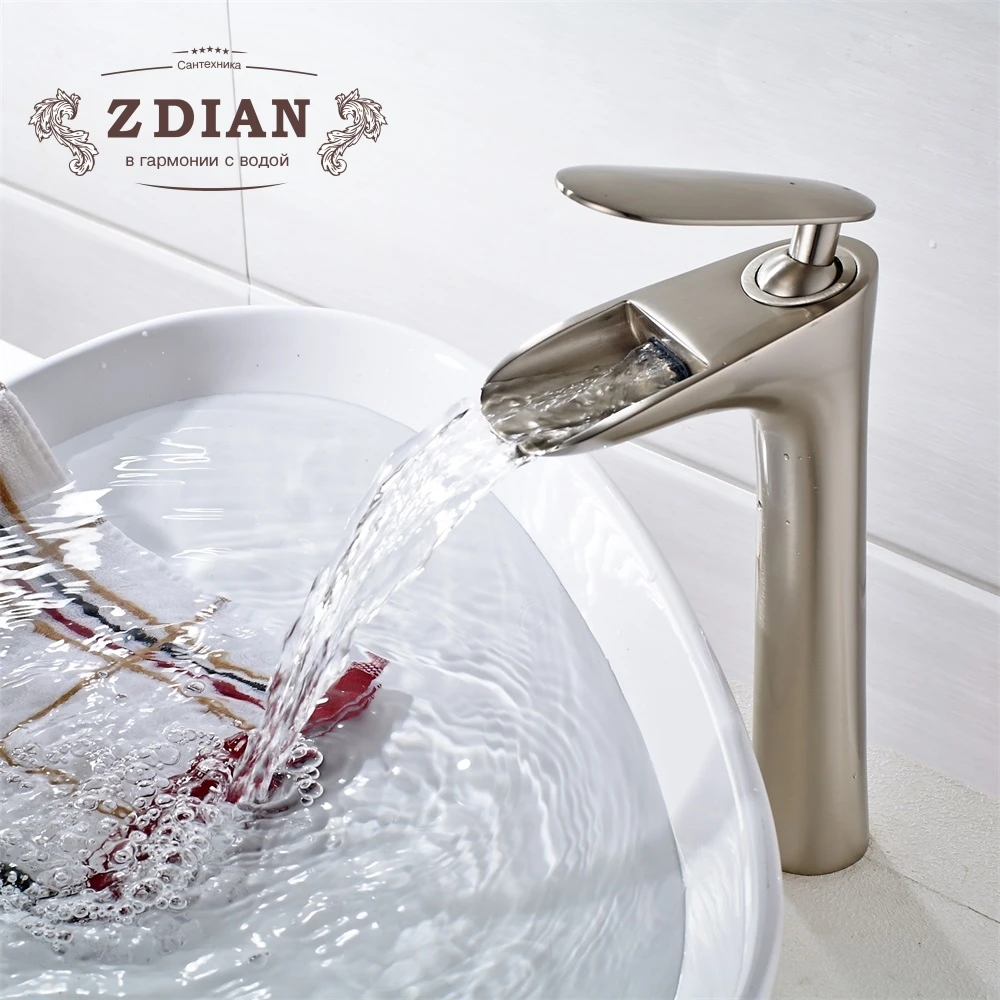 

Brush Nickel Brass Basin Faucet Single Handle Waterfall Basin Mixer Tap Hot & Cold Bathroom Faucets Sink Waterfall Faucet Drain