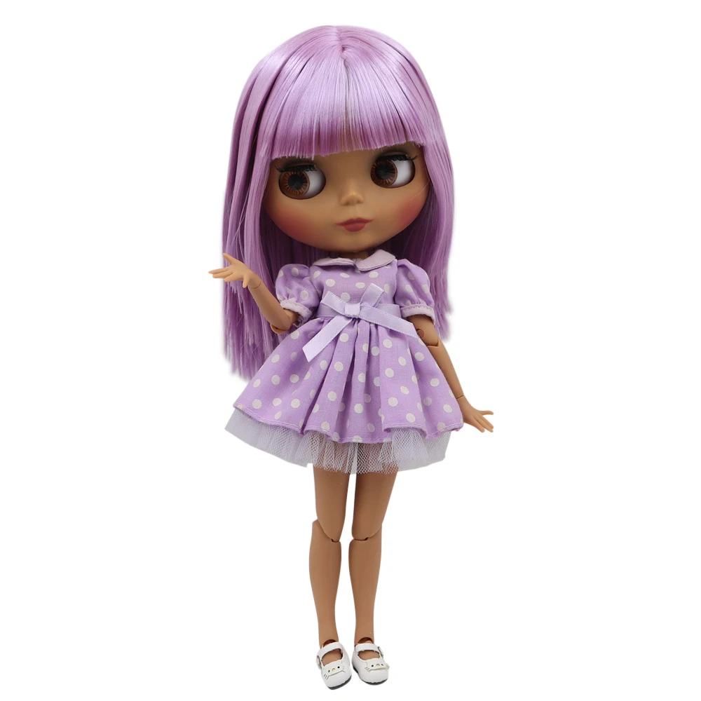 Кукла Blyth 30 см темная кожа матовое лицо милая светильник фиолетовая прямые волосы