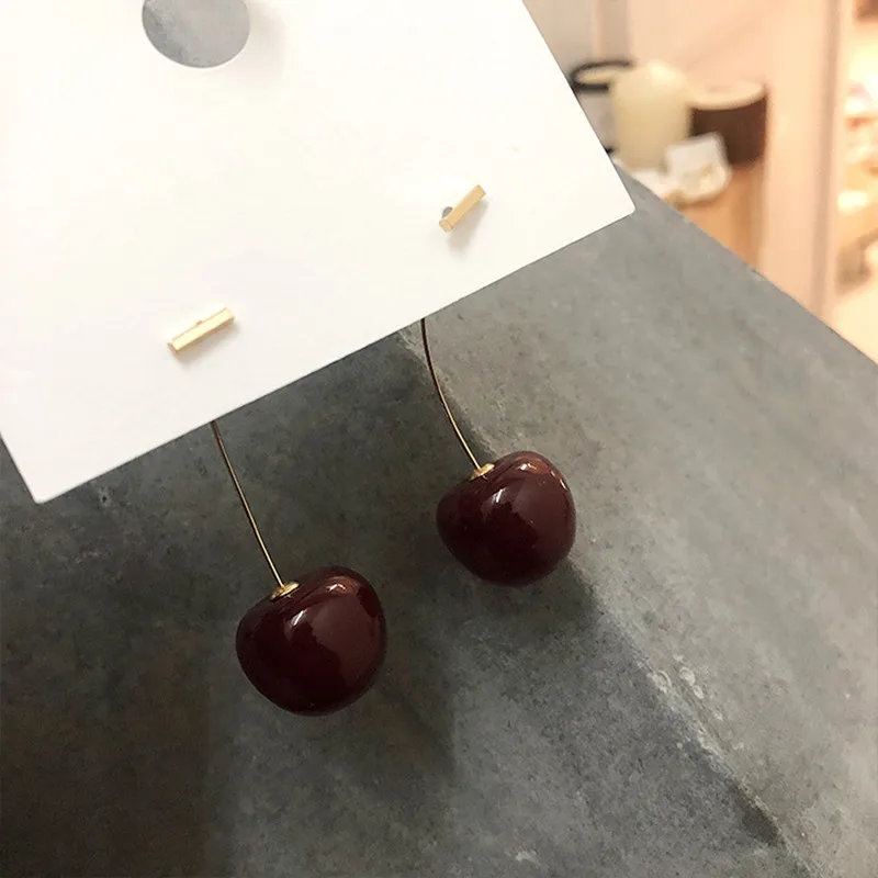 

Japan Simulation Red Cherry Drop Earring for Women Gold Color Long Fruit Earring Statement Long Brincos Cute Gift