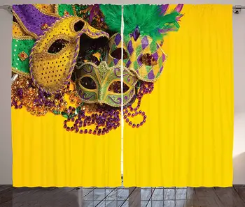

Mardi Gras Kitchen Curtains Festive and Colorful Group of Venetian Carnival Masks and Accessories Window Decor Panel Set