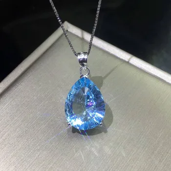 

925 Sterling Silver Pendant Pear 12x16mm Real Natural blue Aquamarine Topaz 18K White Gold Plated Pendant for Girl without Chain