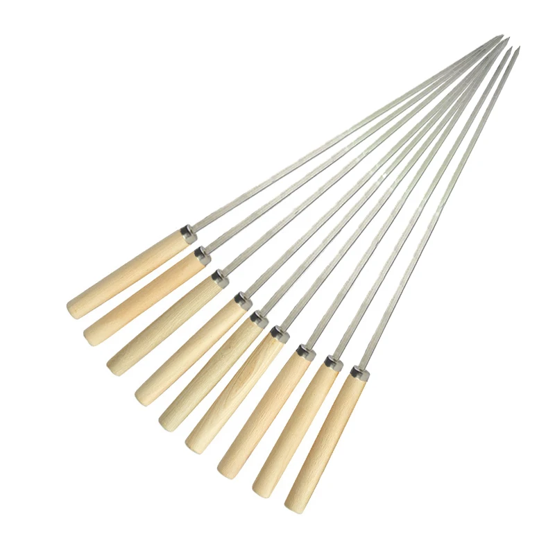 Metal bbq skewers stick barbecue tool outdoor wood handle flat non magnetic stainless steel bbq skewer