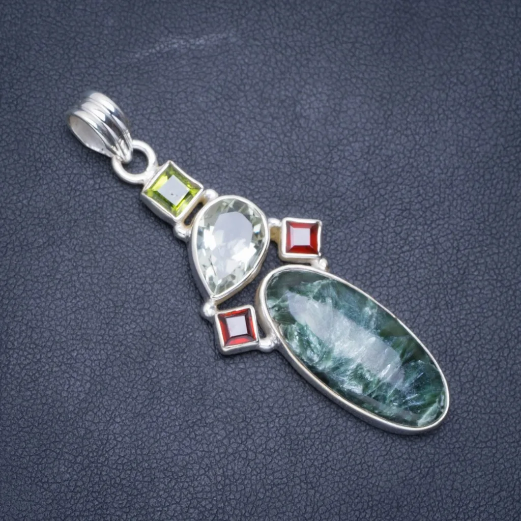 

Natural Seraphinite,Green Amethyst,Garnet and Peridot 925 Sterling Silver Pendant 2.25" A0429