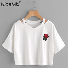 NiceMix 2019 Summer Harajuku Crop Top Women T Shirt Rose Embroidery Female V-neck Short Sleeve Cropped T-shirt Femme black long sleeves rose embroidery pattern cropped top