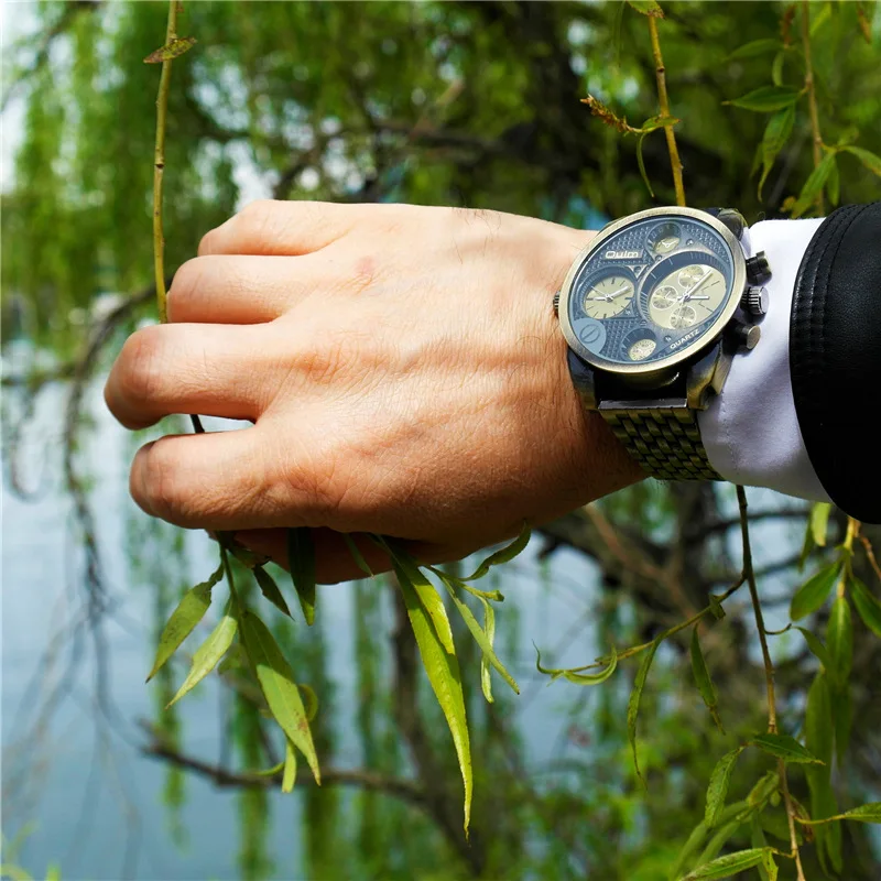 Oulm Luxury Brand Men Full Steel Quartz Watch Golden Big Size Men's Watches Dual Time Zone Military