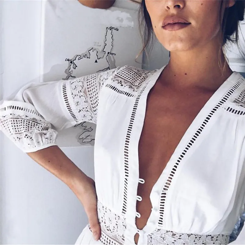 Dress Women Lace Panel Embroidery Sexy V-neck Cropped Sleeve Openwork Dress Slim Soft Touch Dresses Summer 2019 New Arrival F25 (6)
