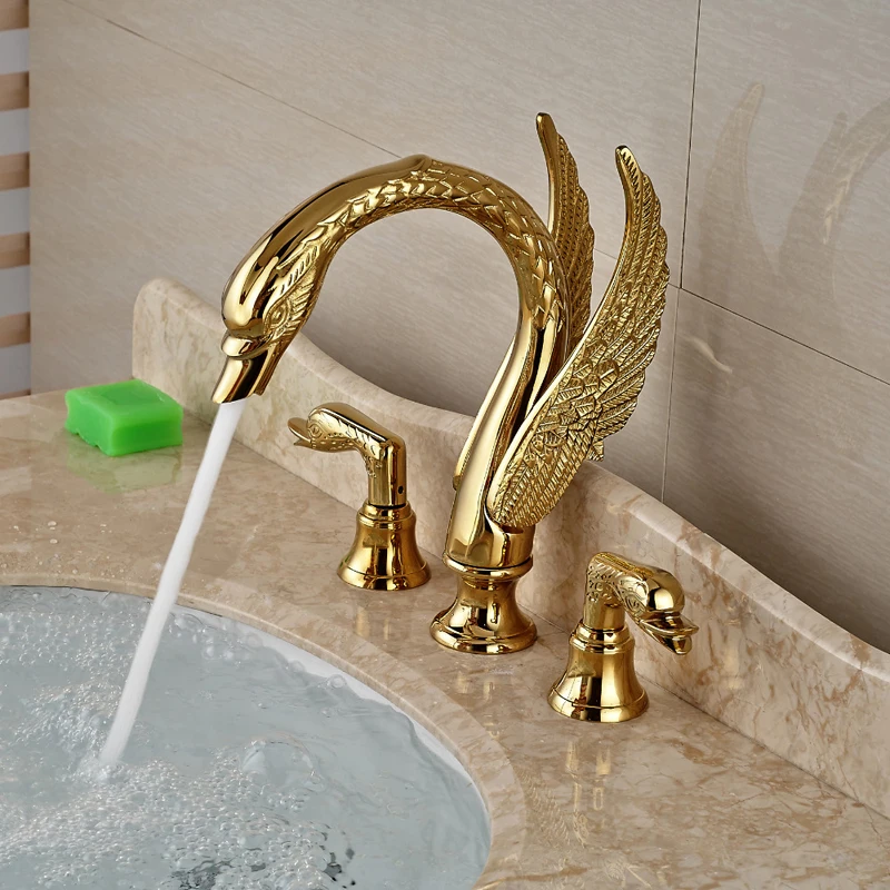 Golden Swan Shape Basin Tap Dual Handle Deck Mount Bathroom Faucet Solid Copper Golden Finish