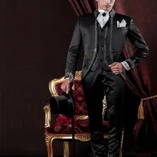 Черные смокинги для жениха с вышивкой, мужские вечерние костюмы на выпускной, мужские свадебные костюмы с блейзером(пиджак+ брюки+ жилет), NO: 234