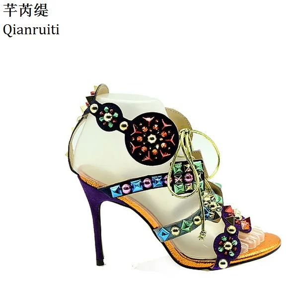 

Qianruiti Rome Style Stiletto Heels Women Shoes Studded Rivets Lace-Up Women Pumps Cut-Outs High Heels Women Gladiotor Sandals